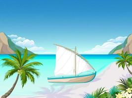 zonnig, zeegezicht met een boot en zeil Aan de oever. palm bomen met kokosnoten, wit zand. tropisch bloemen, bergen. een dag in een tropisch plaats. vector