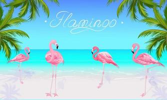 panorama van een zonnig zomer dag met roze flamingo's staand Aan de kust van een tropisch strand met wit zand. flamingo opschrift Aan een Doorzichtig blauw lucht. de groen bladeren van de kokosnoot palm vector