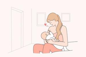 moederschap, borstvoeding, familie concept. jong gelukkig liefhebbend vrouw moeder zittend en borstvoeding geeft haar weinig baby zuigeling Bij huis gevoel zorg en eindeloos liefde vector illustratie