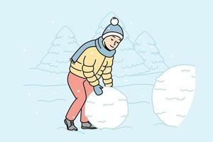 kind broodjes groot sneeuwbal naar maken sneeuwman buitenshuis. jongen creëert sneeuw beeldhouwwerk in straat. kind spelen winter spellen buiten gedurende sneeuwval. vector schets kleurrijk geïsoleerd illustratie.