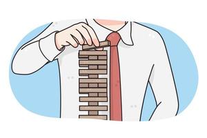 bedrijf strategie, risico's, planning concept. handen van zakenman plaatsen houten blok in toren proberen naar worden voorzichtig met allemaal taken en bereiken doelen in bedrijf vector illustratie