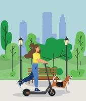 meisje Aan een elektrisch scooter voor een wandelen in de park met een brak hond. modern ecologisch vervoer. modern levensstijl, technologie. eco vervoer voor stedelijk levensstijl. kan worden verhuurd voor een snel rijden. vector