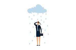 werkdruk en spanning veroorzaken depressie in kantoor arbeider, droefheid depressief jong dame in kantoor uniform met wolk en regen metafoor van geest probleem. vector