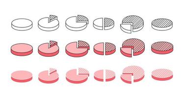 fractie taarten cirkels verdeeld in 3d infographic plakjes, bedrijf grafiek. vector vlak tekenfilm schets icoon illustratie geïsoleerd Aan wit achtergrond.