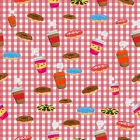 koffie kop en donuts of donut Aan rood tafel kleding achtergrond naadloos patroon vector