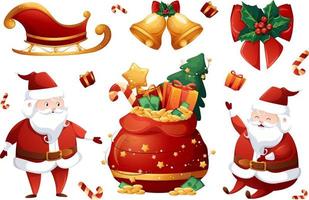 reeks van Kerstmis geschenk items met de kerstman claus tas, hulst, slee en gouden klokken vector