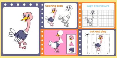werkbladen pak voor kinderen met struisvogel. pret aan het leren voor kinderen vector