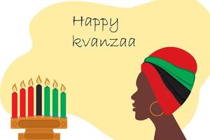 Afrikaanse vrouw profiel in traditioneel hoofdtooi en 7 kaarsen in nationaal kleuren. gelukkig kwanzaa vector