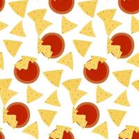 naadloos patroon met traditioneel nacho's maïs chips en tomaat saus in tekenfilm stijl. Mexicaans voedsel vector