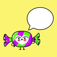 schattig grappig snoep met toespraak bubbel. vector hand- getrokken tekenfilm kawaii karakter illustratie icoon. geïsoleerd Aan geel achtergrond. snoep karakter concept