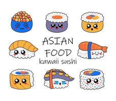hand- getrokken divers kawaii sushi. kleur vector set. Aziatisch voedsel