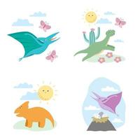 zomer scènes met schattig dinosaurussen. illustratie met dino's spelen, vliegen, rennen. grappig prehistorisch reptielen illustratie voor kinderen vector