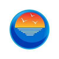 cirkel zonsondergang logo ontwerp vector van geel zon en blauw zee golven illustratie