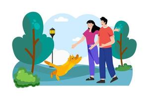 paar wandelen met kat in park illustratie concept. een vlak illustratie geïsoleerd Aan wit achtergrond vector