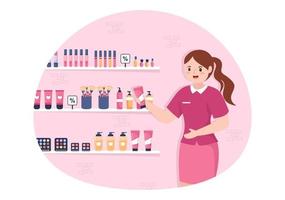 schoonheidsmiddelen op te slaan met meisje huidverzorging, kunstmatig, parfum, bedenken en schoonheid producten keuze in in vlak tekenfilm hand- getrokken Sjablonen illustratie vector