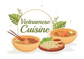 Vietnamees voedsel restaurant menu met verzameling van divers heerlijk keuken gerechten in vlak stijl tekenfilm hand- getrokken Sjablonen illustratie vector