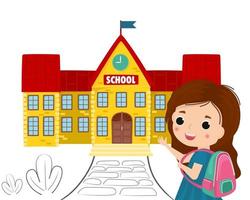 illustratie van schoolmeisje naar school- met rugzak school- gebouw vector