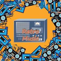 oud retro wijnoogst plein poster met muziek- cassette plakband opnemer met magnetisch plakband babbel Aan haspels en luidsprekers van de jaren 70, jaren 80, 90s de achtergrond. vector illustratie