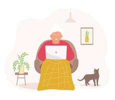 een ouderen dame is zittend in een fauteuil met een laptop in haar handen en een kat. de oud vrouw werken, communiceert online van huis. vector grafiek.