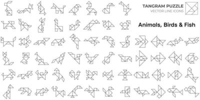 tangram puzzel spel. geïsoleerd tangram lijn pictogrammen met dieren, vogelstand en vis. vector illustratie