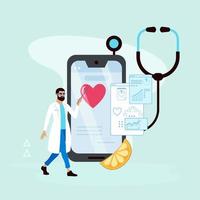 dokter tonen mobiel app met test resultaten. online medisch kliniek, online gezondheidszorg en medisch overleg, digitaal Gezondheid concept. vector