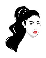 mooi vrouw portret golvend haar- paardenstaart. rood lippen. silhouet vector. geïsoleerd wit achtergrond. vector