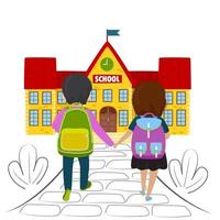 illustratie van school- kinderen naar school- met rugzak school- gebouw vector