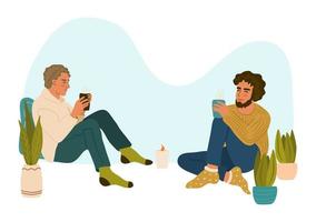 twee jong mannen zitten, pratend en drinken heet drankje. knus datum Aan een verkoudheid avond. hygge levensstijl concept. vector