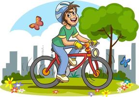 schattig jongen rijden fiets naar school- tekenfilm vector