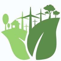 icoon, sticker, knop Aan de thema van besparing en hernieuwbaar energie met bladeren, bomen, huis en wind turbines vector