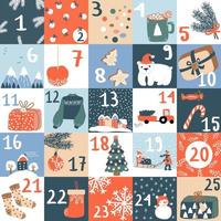 Kerstmis komst kalender met nummers. vector winter elementen van presenteert, speelgoed, ontbijtkoek, snoep, spar, beer, knus huizen, sneeuwvlokken. ideaal voor kaart, poster, kinderkamer kunst, kind kamer decor.