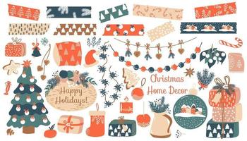 Kerstmis huis decor set. vector items van Kerstmis boom, geschenk dozen, slingers, ontbijtkoek, snoep, huis textiel, Kerstmis speelgoed. washi banden. modieus voorwerpen voor knus winter tijd