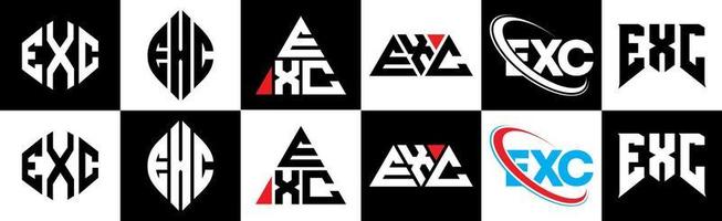 exc brief logo ontwerp in zes stijl. exc veelhoek, cirkel, driehoek, zeshoek, vlak en gemakkelijk stijl met zwart en wit kleur variatie brief logo reeks in een tekengebied. exc minimalistische en klassiek logo vector