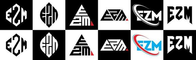 ezm brief logo ontwerp in zes stijl. ezm veelhoek, cirkel, driehoek, zeshoek, vlak en gemakkelijk stijl met zwart en wit kleur variatie brief logo reeks in een tekengebied. ezm minimalistische en klassiek logo vector