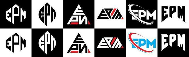 epm brief logo ontwerp in zes stijl. epm veelhoek, cirkel, driehoek, zeshoek, vlak en gemakkelijk stijl met zwart en wit kleur variatie brief logo reeks in een tekengebied. epm minimalistische en klassiek logo vector
