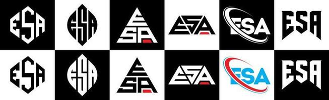 esa brief logo ontwerp in zes stijl. esa veelhoek, cirkel, driehoek, zeshoek, vlak en gemakkelijk stijl met zwart en wit kleur variatie brief logo reeks in een tekengebied. esa minimalistische en klassiek logo vector