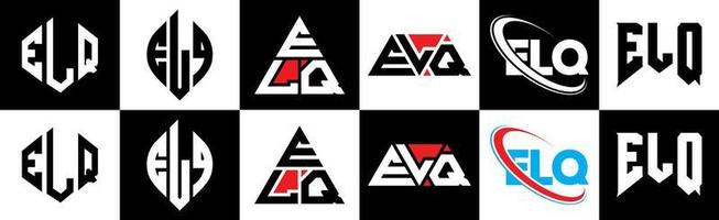 elq brief logo ontwerp in zes stijl. elq veelhoek, cirkel, driehoek, zeshoek, vlak en gemakkelijk stijl met zwart en wit kleur variatie brief logo reeks in een tekengebied. elq minimalistische en klassiek logo vector