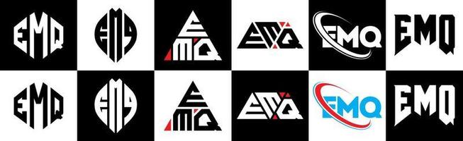 emq brief logo ontwerp in zes stijl. emq veelhoek, cirkel, driehoek, zeshoek, vlak en gemakkelijk stijl met zwart en wit kleur variatie brief logo reeks in een tekengebied. emq minimalistische en klassiek logo vector