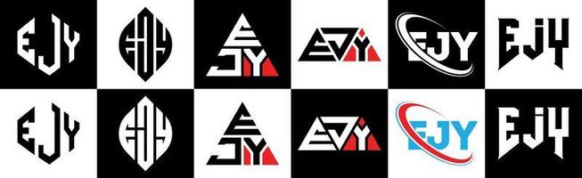 ejy brief logo ontwerp in zes stijl. ejy veelhoek, cirkel, driehoek, zeshoek, vlak en gemakkelijk stijl met zwart en wit kleur variatie brief logo reeks in een tekengebied. ejy minimalistische en klassiek logo vector