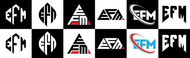 efm brief logo ontwerp in zes stijl. efm veelhoek, cirkel, driehoek, zeshoek, vlak en gemakkelijk stijl met zwart en wit kleur variatie brief logo reeks in een tekengebied. efm minimalistische en klassiek logo vector