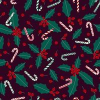 winter naadloos patroon met gestileerde hulst bladeren, bessen en snoep stokken. vector achtergrond voor Kerstmis vakantie.