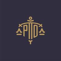 monogram po logo voor wettelijk firma met meetkundig schaal en zwaard stijl vector