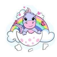 schattig weinig dinosaurus met regenboog en wolken. tekenfilm vector