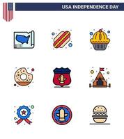 9 Verenigde Staten van Amerika vlak gevulde lijn tekens onafhankelijkheid dag viering symbolen van Amerikaans schild muffin voedsel ronde bewerkbare Verenigde Staten van Amerika dag vector ontwerp elementen