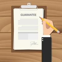 garantie concept illustratie met bedrijf Mens hand- ondertekening een papier werk document Aan klembord met houten tafel vector