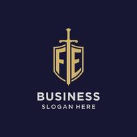 fe logo eerste monogram met schild en zwaard ontwerp vector