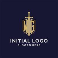 wg logo eerste monogram met schild en zwaard ontwerp vector