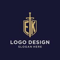 ek logo eerste monogram met schild en zwaard ontwerp vector
