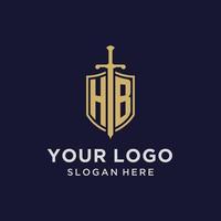 hb logo eerste monogram met schild en zwaard ontwerp vector