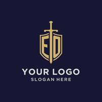 eo logo eerste monogram met schild en zwaard ontwerp vector